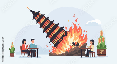 A dramatic scene of a burning pagoda with people working and a cat running