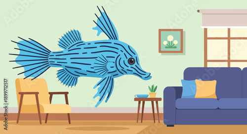 A surreal interior scene features a large blue fish floating above furniture