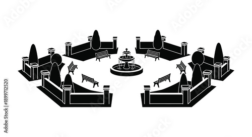 A minimalist black garden scene with a central fountain benches and sculpted trees on transparent background silhouette high quality professional detailed