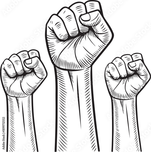 Raised fists in Protest, Rally, Hand-drawn Sketch Drawing Vector Illustration, Line Linear Symbol Engraving for Coloring Book, Black and White, Isolated