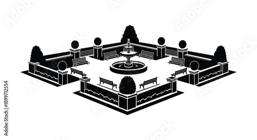 A detailed black silhouette of a formal garden with a central fountain benches and hedges on transparent background high quality professional
