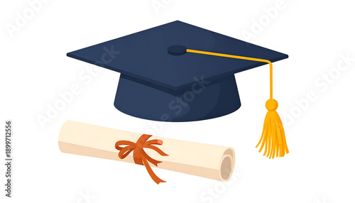 Blue graduation cap & diploma scroll with red ribbon, depicted in a simple, cartoon style