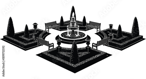 A detailed black silhouette of a tiered garden fountain with surrounding landscaping on transparent background high quality professional modern elegant stylish