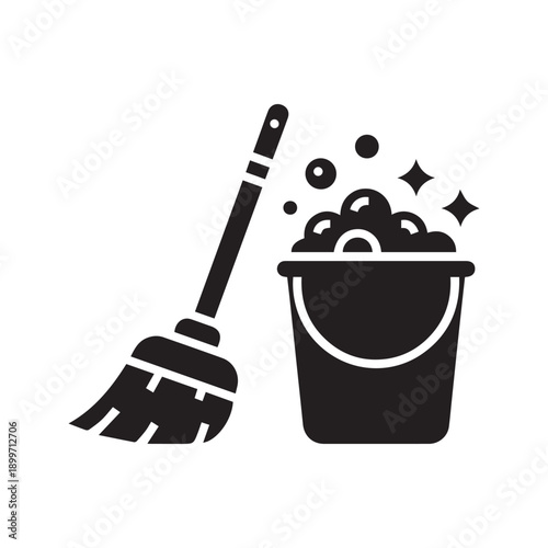 Cleaning service icon with broom and soapy water bucket silhouette vector illustration
