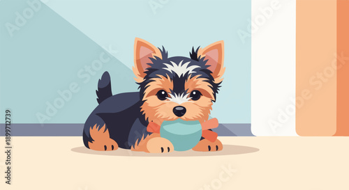 Adorable Yorkshire Terrier puppy plays with a teal ball indoors