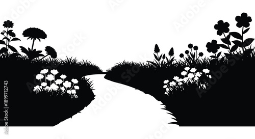A scenic pathway winds through lush floral vegetation depicted in a striking black silhouette on transparent background high quality professional detailed