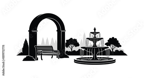 A black and white illustration of a park fountain archway and bench ideal for designs on transparent background silhouette high quality
