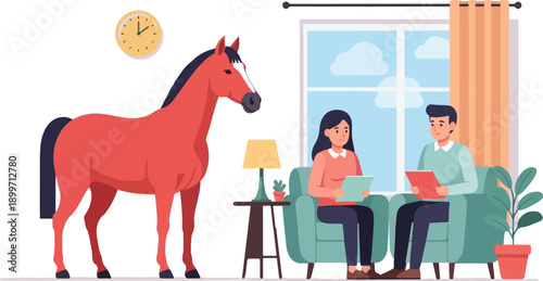 A surreal scene A horse stands indoors with people in a living room