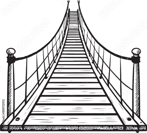 Rope bridge Hand-drawn Sketch Drawing Vector Illustration, Line Linear Symbol Engraving for Coloring Book, Black and White, Isolated