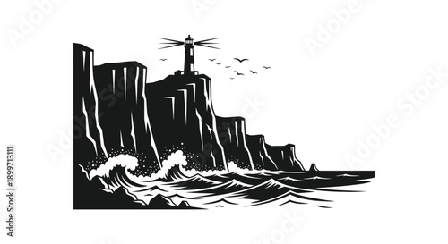 A dramatic coastal scene depicts a lighthouse atop cliffs with crashing waves presented in a striking silhouette on transparent background