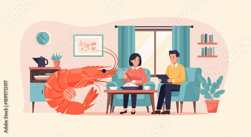 A surreal scene of a giant prawn observing a couple dining indoors