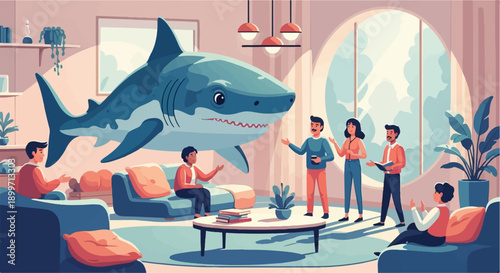 A surreal scene with a large shark in a living room surrounded by people