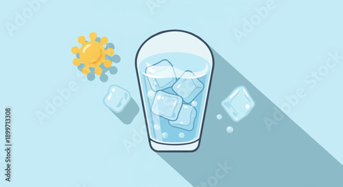 A glass of iced water and a stylized sun against a cool blue background