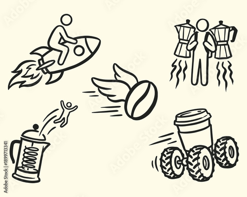 Coffee Energy Boost Doodle Speed and Caffeine Concepts