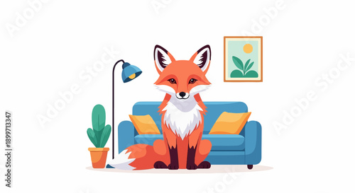 Cartoon fox sitting in a living room on a blue couch next to a plant