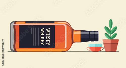 A glass bottle of amber liquid lies on its side next to a cup and potted plant