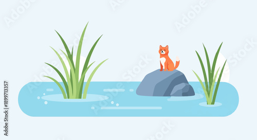 A small orange fox sits on a rock in a tranquil body of water