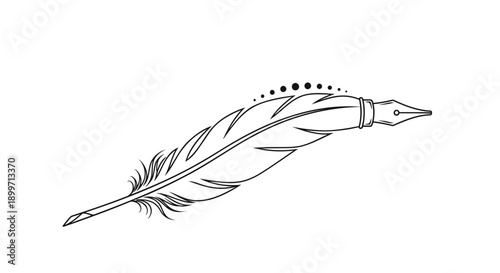 Vector feather quill pen with decorative dots, illustration for banner or poster, Isolated on transparent background, png