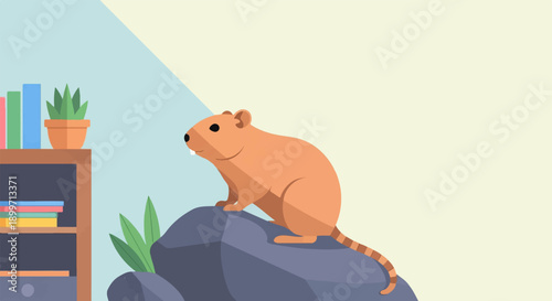 A small rodent sits on a rock in front of a bookshelf with plants