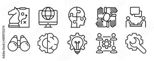 Business strategy set of web icons in line style. Business solutions icons for web and mobile app. Action List, research, solution, team, marketing, startup, advertising, business process, management