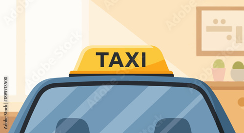Cartoon illustration of a blue car with a yellow taxi sign on top