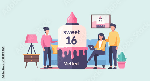 Birthday celebration with a giant sweet 16 cake and people in a cozy room