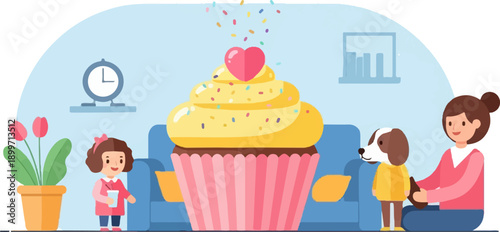 A girl and her mother celebrate with a giant cupcake and a dog