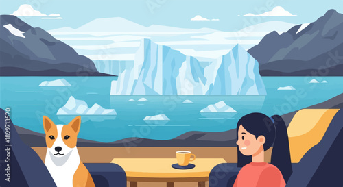 A woman and dog enjoy coffee with a view of icebergs and mountains