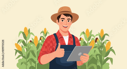 A smiling farmer in a hat gives a thumbs up while holding a tablet in a cornfield