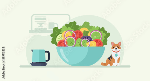 A dog sits next to a bowl of salad with a teapot nearby