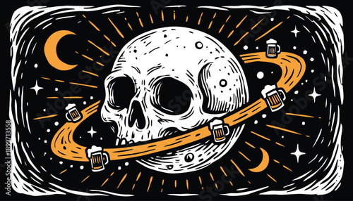 Cosmic Beer Skull Planet Hand-Drawn Illustration