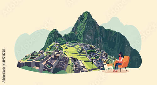A woman and dog relax near ancient ruins and lush green mountains