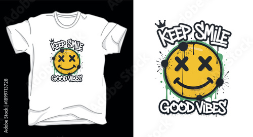 T-shirt print design with yellow graffiti smiley face and keep smile good vibes typography for streetwear apparel illustration