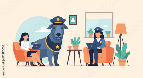 Cartoon illustration of two officers, one human and one canine, working on laptops indoors