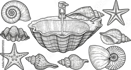 Black and white illustration of various seashells and starfishes, some in a grouping