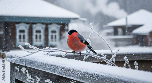 A red bullfinch bird perched on a frost-covered twig in winter. Small songbird in a snowy rustic village during a snowfall