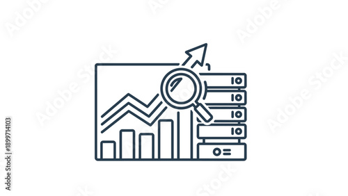 Business data analysis chart with magnifying glass and upward arrow