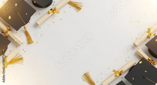 Graduation caps and diplomas on white background with gold confetti