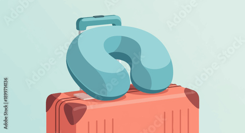 A teal neck pillow rests on a coral suitcase against a pale blue background
