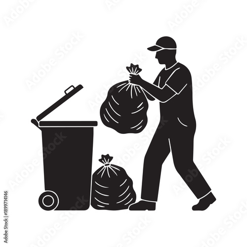 Garbage collector silhouette carrying trash bag to disposal bin vector icon
