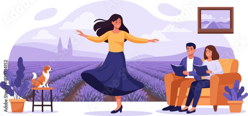 A woman dances freely in lavender fields while a couple reads on a sofa