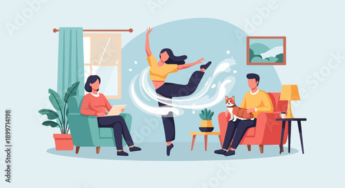 A woman dances while two people relax and a dog rests