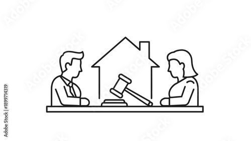 Couple discussing house property legal matters with gavel