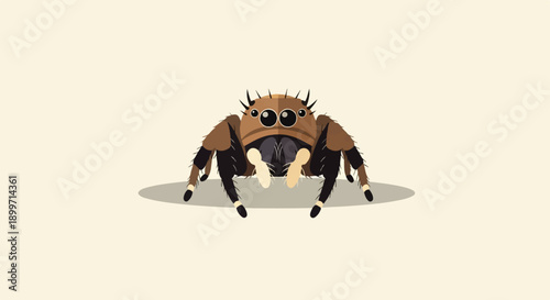 Cartoonish jumping spider with big eyes and fuzzy legs on plain background
