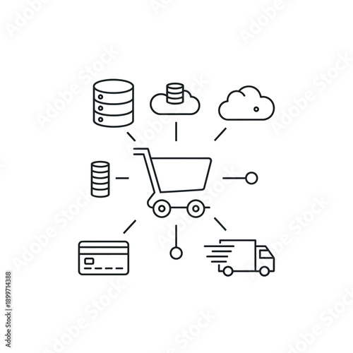 Digital commerce process icons with shopping cart, data, payment, delivery
