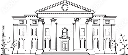University campus building Hand-drawn Sketch Drawing Vector Illustration, Line Linear Symbol Engraving for Coloring Book, Black and White, Isolated