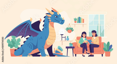 A friendly blue dragon observes two people discussing a book in a cozy room