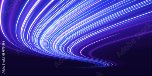 Cyan neon speed corridor with flowing light curves, sparkling particle trails and radiant futuristic acceleration vector
