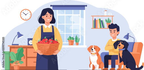 A woman holds a basket of apples while a man and two dogs relax indoors