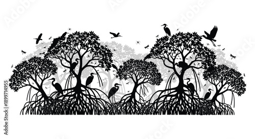 A detailed black and white illustration of trees and birds presented in a striking silhouette on transparent background high quality professional